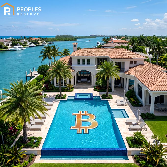 A luxurious waterfront mansion features a large swimming pool prominently displaying the Bitcoin (₿) logo on its floor, set against a backdrop of palm trees, yachts, and ocean views, with "R1 PEOPLES RESERVE" branding in the upper left corner. The image visually reinforces the post's message of Bitcoin as "pristine collateral" for premium real estate and high-value finance, symbolizing how Bitcoin-backed lending can unlock access to luxury assets and the American Dream.