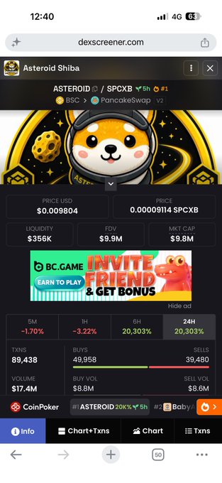 A screenshot of dexscreener.com showing the 'Asteroid Shiba' token with a price of $0.0000894, market cap of $9.8M, and a 24H change of 20.303%.