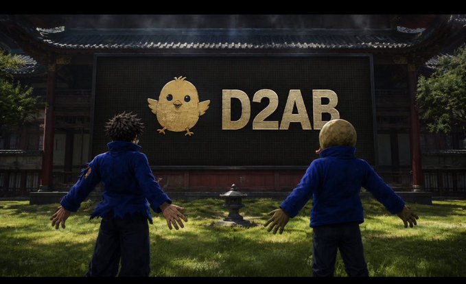 A cinematic scene with two children in blue jackets looking at a large screen displaying a chick mascot and the text 'D2AB' in what appears to be an Asian temple setting.