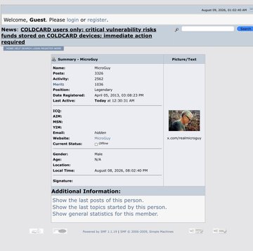 An older Simple Machines Forum user profile page for 'coldcard' warning about critical vulnerability risks requiring immediate action on COLDCARD devices.