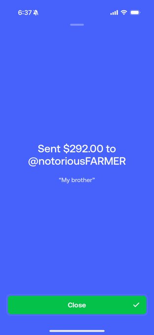 A mobile payment confirmation showing $292.00 sent to @notoriousFARMER with the note "My brother," illustrating how the poster called on a friend for help and repaid him after profiting massively from flipping an EtherRock NFT for $1 million.