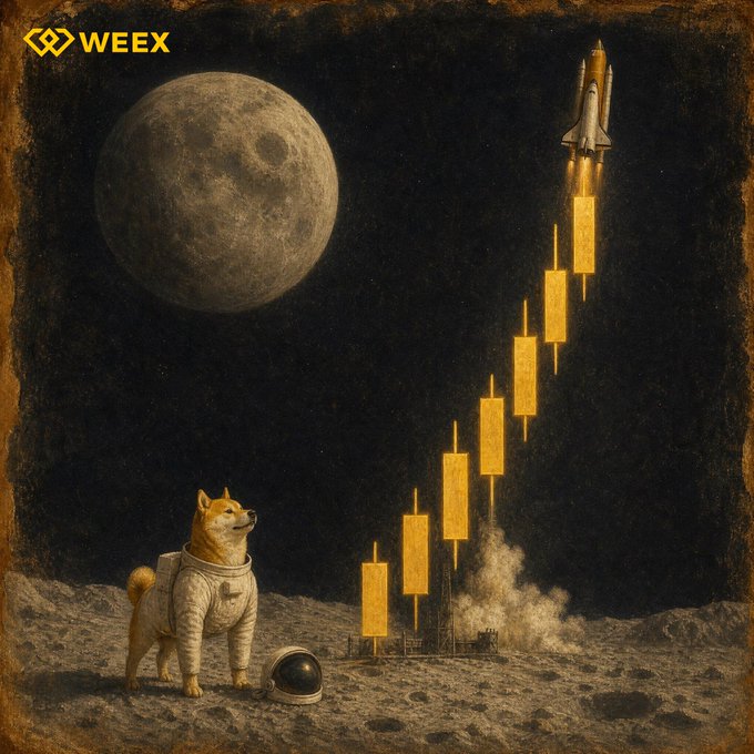 A Shiba Inu dog in an astronaut suit watches from a lunar surface as a rocket ascends along a series of golden candlesticks toward a large moon, with the "WEEX" logo displayed in the top-left corner—visually evoking the post's question about which crypto coin will "moon" in a powerful bullish rally.