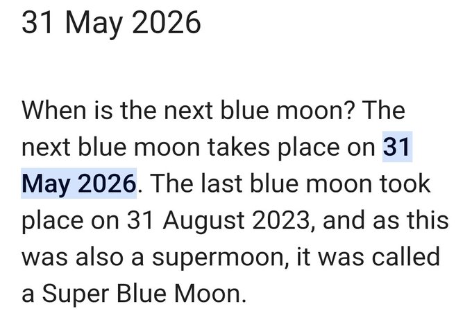 The image features a white background with black text that reads "31 May 2026". The text also includes information about the next blue moon, stating that it takes place at 31 August 2023, and as such was also called "Super Blue Moon."