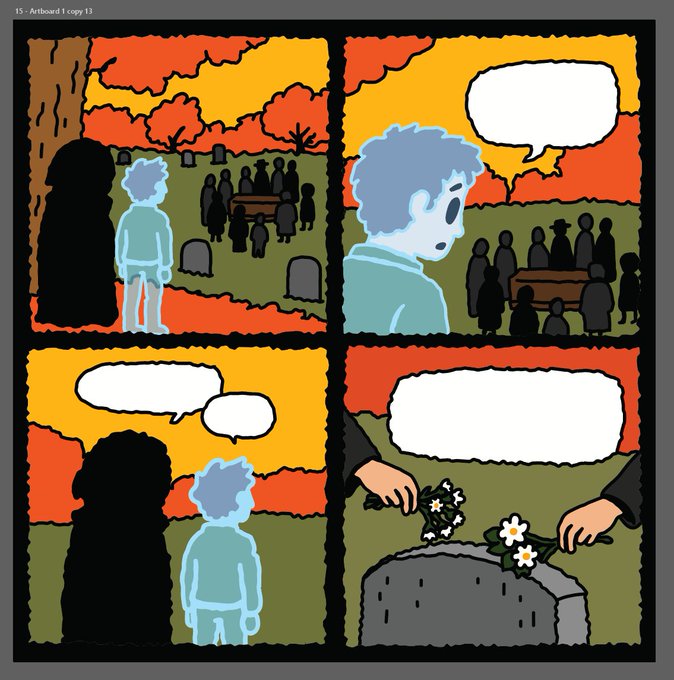 A four-panel comic strip ('Artboard 1 copy 13') depicting a boy at a funeral watching a dark figure place flowers on a grave, with empty speech bubbles.
