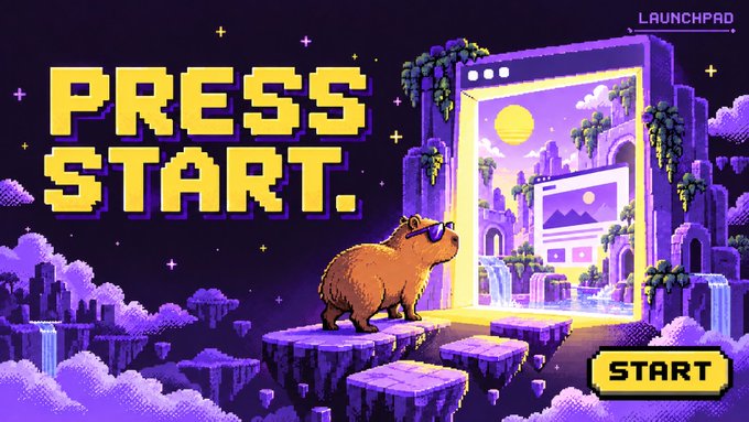 A pixel art graphic features a brown capybara wearing sunglasses standing before a portal, with large yellow text reading "PRESS START." and a "START" button, along with "LAUNCHPAD" in the upper right corner.