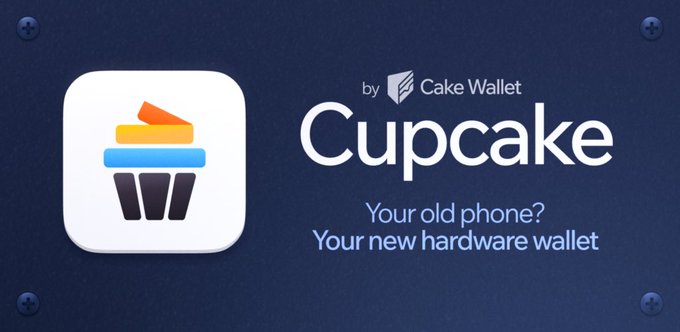An advertisement for 'Cupcake' by Cake Wallet, featuring a cupcake icon and the tagline 'Your old phone? Your new hardware wallet.'