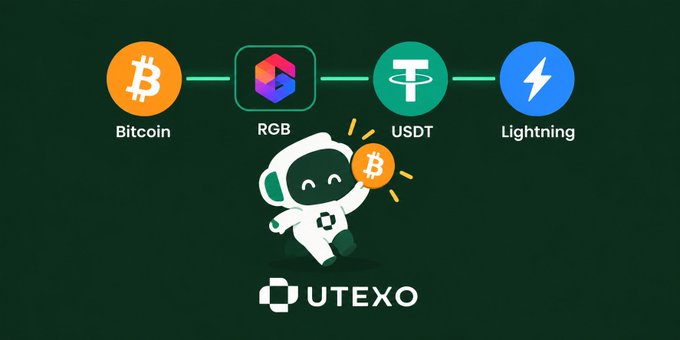 A UTEXO promotional graphic showing an astronaut mascot holding a Bitcoin, with icons for Bitcoin, RGB, USDT, and Lightning displayed at the top.