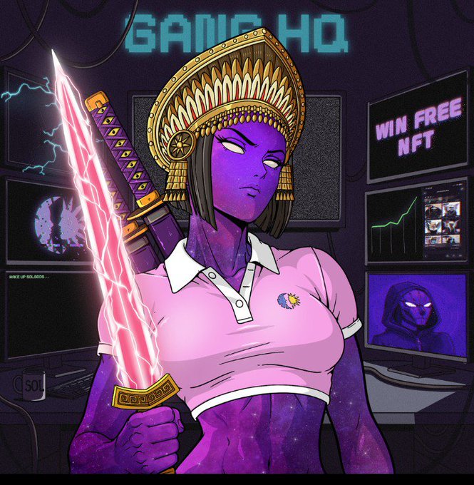 Illustration of a purple-skinned female warrior wearing a golden Egyptian-style headdress and pink polo shirt, holding a glowing pink katana in front of monitors displaying 'GANGS HQ', 'WIN FREE NFT', and cryptocurrency charts.