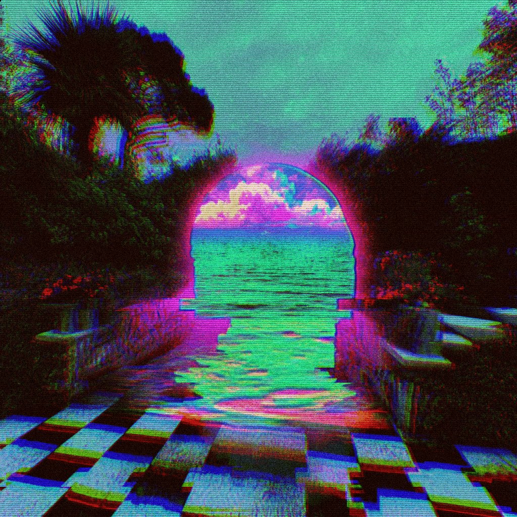 The image features a checkered patterned floor with a view of an ocean through a doorway or archway, creating a unique perspective for viewers. The water appears to be greenish-blue, adding a vibrant touch to the scene. In the background, there are trees and bushes that complement the overall atmosphere. The post includes text that reads "¸,ø¤º°`°º¤ø,¸ >> GATES_XCV << xtz - [1]/1". This suggests that the image is part of a series or collection, possibly related to gates or architectural elements.