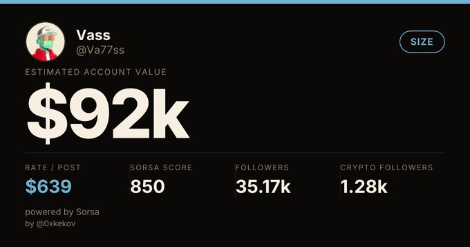 Screenshot showing estimated Twitter/X account value of $92k for user "Vass" (@Va77ss), powered by Sorsa by @0xkekov. Displays metrics: Rate/Post $639, Sorsa Score 850, Followers 35.17k, Crypto Followers 1.28k.