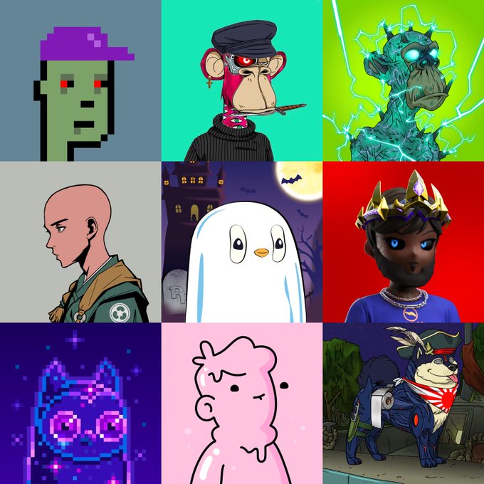 A 3x3 grid displays nine NFT-style digital art characters, including a pixelated zombie, a smoking monkey, a lightning-wreathed ape, a bald anime figure, a ghost, and a crowned character.