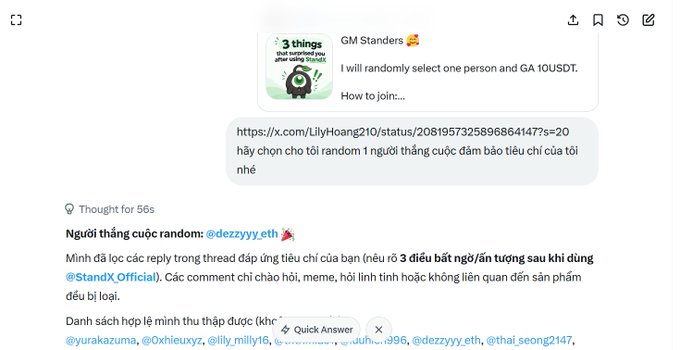 A Twitter/X announcement from "GM Standarders" declaring @dezzyyy_eth as the random winner of a giveaway, where participants had to reply using a thread about StandX. The image shows the reward details (10 USDT), the winner selection, and the winner tag required to claim the prize.