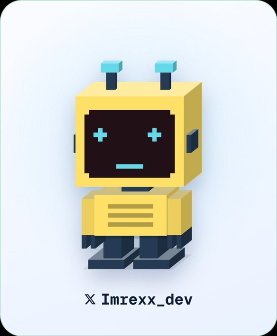 A 3D voxel-style yellow robot character with cyan plus-sign eyes and antennae, with the handle 'X Imrexx_dev' displayed below it.