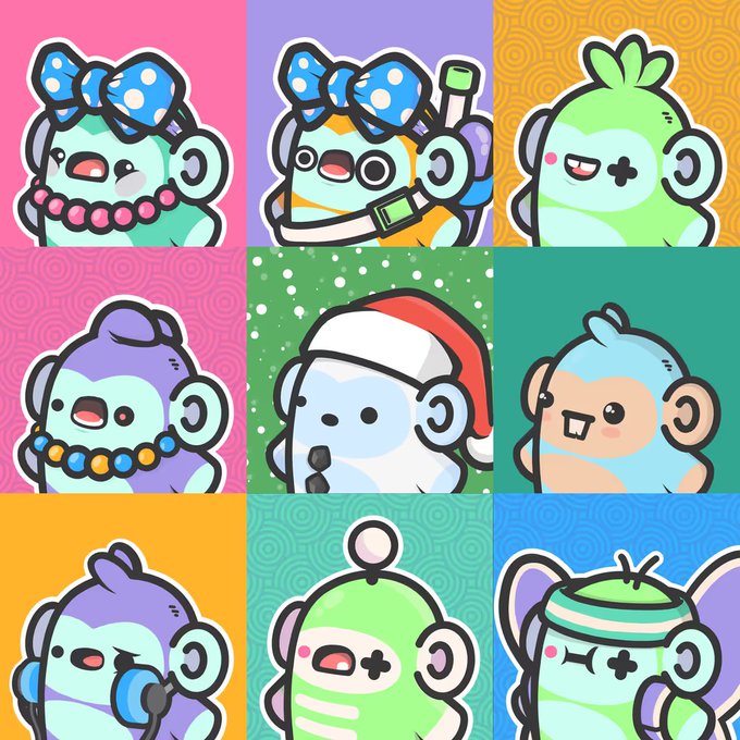 A 3x3 grid showcasing nine colorful cartoon monkey characters in various outfits and themes, each set against a different colored patterned background.