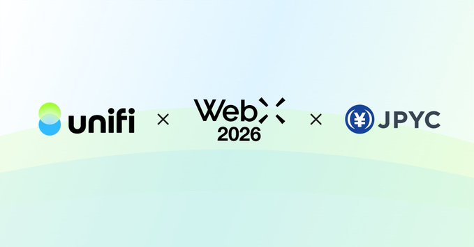 A promotional graphic featuring the logos of Unifi, WebX 2026, and JPYC separated by 'x' marks on a soft blue and green background.