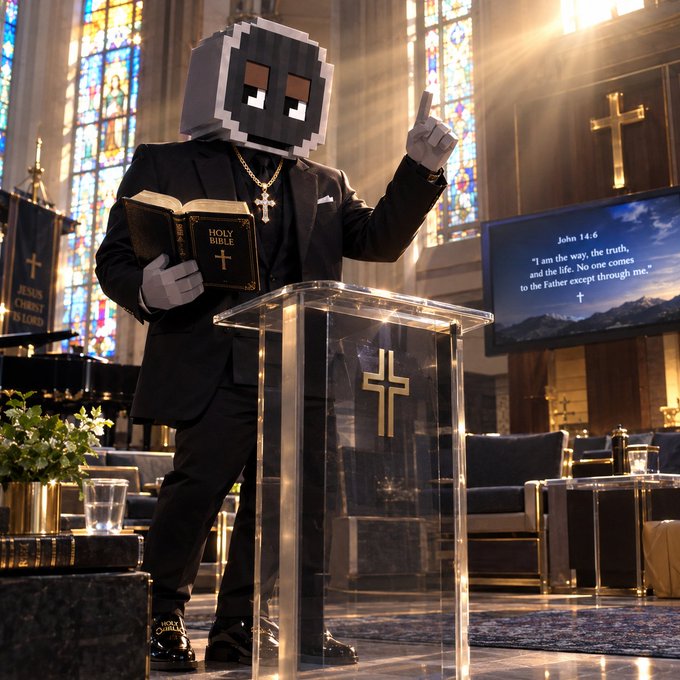 A figure in a black suit with a large pixel-art Minecraft-style head holding a Holy Bible, standing at a clear acrylic podium with a gold cross, inside a church with stained glass windows and a screen displaying John 14:6.