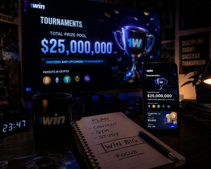 A dimly lit desk scene showing a monitor and smartphone displaying '1win' tournaments with a $25,000,000 total prize pool, alongside a 'PLAN' notebook, a '1win' mug, and a digital clock reading 23:47.