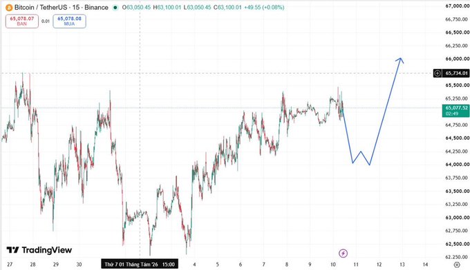 A TradingView chart of Bitcoin/USDT on Binance showing the price at $65,078.07 with a hand-drawn blue arrow indicating a projected upward trend.