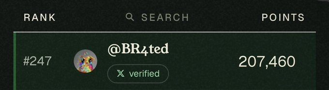 A user named @BR4ted (verified) is ranked #247 on a leaderboard with 207,460 points, sharing the achievement while asking how to leverage their newfound status as people vouch for them amid a CT (Crypto Twitter) trend.