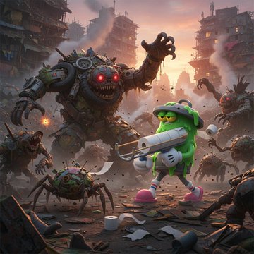 A chaotic, post-apocalyptic scene featuring a green dinosaur-like character wielding a weapon amid robotic monsters and ruined city buildings.