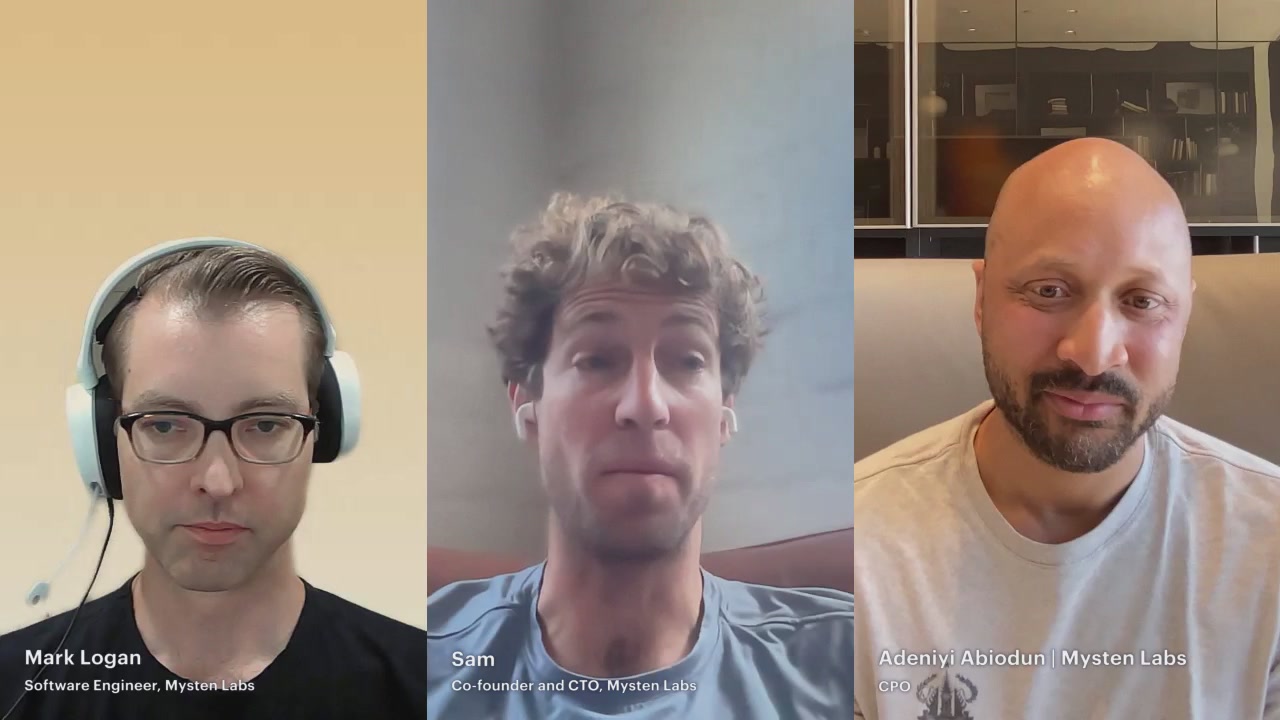 The image shows three men wearing headphones, with each man's face displayed on a separate picture frame against a light brown background. The first man has his head tilted back, the second man has his head turned to the left, and the third man is looking directly at the camera. The caption below the images reads "Sui Mainnet Outage Conversation".