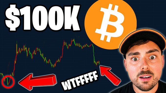 A YouTube-style thumbnail featuring a shocked man's face next to text '$100K', a Bitcoin logo, and 'WTFFFFF', overlaid on a cryptocurrency price chart showing a sharp decline.