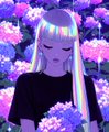 A digital illustration of a pale anime-style girl with long blonde and green hair standing in a field of purple flowers.