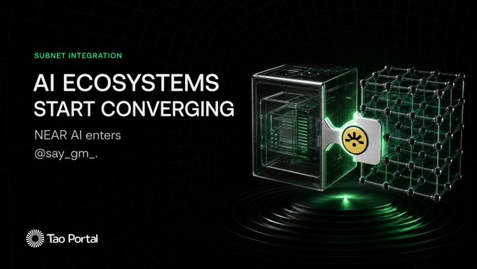 A promotional graphic for Tao Portal titled 'AI ECOSYSTEMS START CONVERGING' under the 'SUBNET INTEGRATION' heading, announcing that NEAR AI enters @say_gm_, featuring a 3D illustration of a green glowing cube and grid structure.