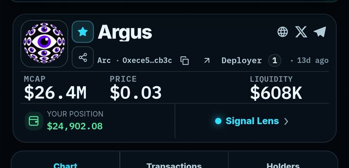 A cryptocurrency token page for 'Argus' (Arc) showing a market cap of $26.4M, price $0.03, liquidity $608K, and a user position of $24,902.08 with a 'Signal Lens' option.