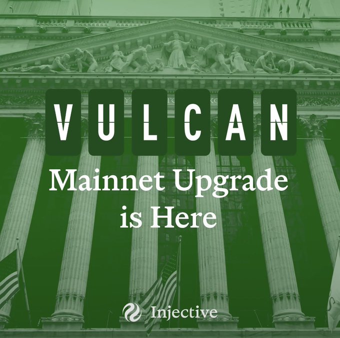The image features an advertisement for a network upgrade that was recently launched by the company Injective. The main focus of the ad is the "Vulcan" part, which refers to the mainnet upgrade. The text above the image reads "Vulcan Mainnet Upgrade is now officially live", indicating that the upgrade has been made public and available for use. The post also mentions that this particular network upgrade is different from previous ones, implying that it might offer new features or improvements compared to what users have experienced before.