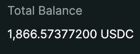 A dark-themed interface displaying a cryptocurrency wallet total balance of '1,866.57377200 USDC' under the header 'Total Balance'.