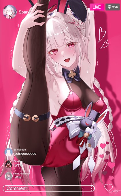 An anime-style VTuber named "Spark" with long white hair and bunny ears streams live in a pink bunny outfit, holding a large guitar-shaped body pillow alongside a small bunny plush, with "LIVE" and "9.9k" viewer count displayed. Chat comments from "Sampoooo" and "Stehe_ThaReal" are visible on the left side, with floating pink hearts decorating the scene.
