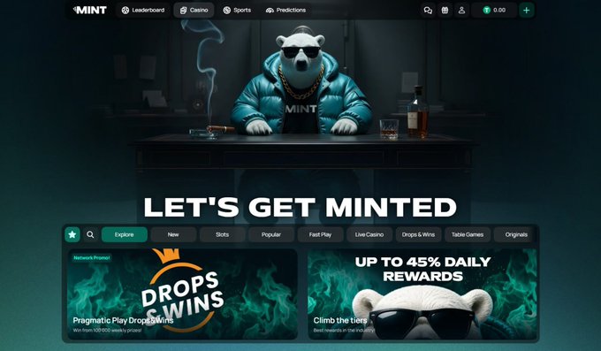 Screenshot of the MINT gaming platform homepage featuring the bear mascot sitting at a desk with the headline 'LET'S GET MINTED' and a 'DROPS & WINS' promotional banner.