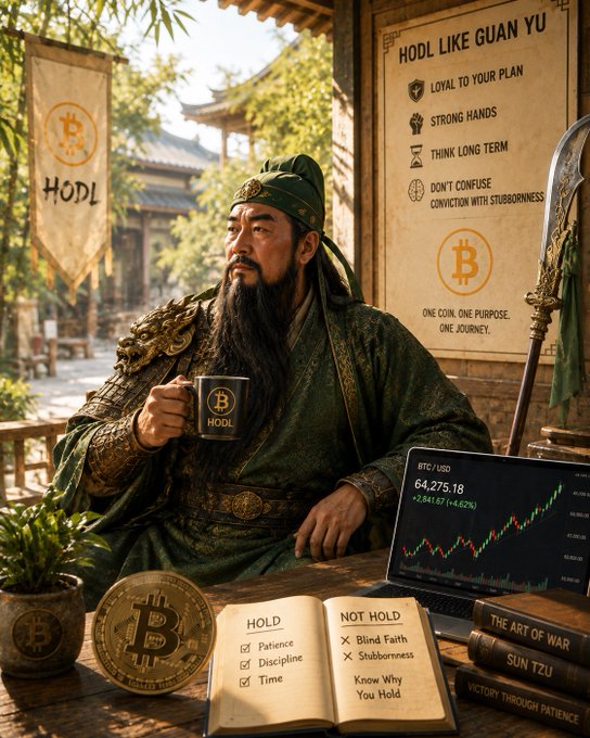 AI-generated image of Guan Yu dressed as a Bitcoin HODLer holding a 'HODL' mug, with signs reading 'HODL LIKE GUAN YU' and 'LOYAL TO YOUR PLAN', alongside a Bitcoin price chart and 'The Art of War' by Sun Tzu.