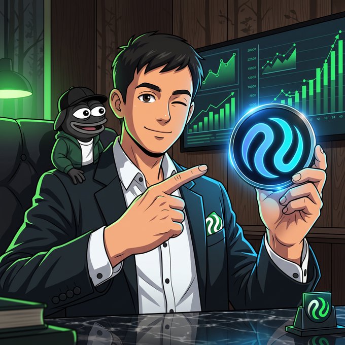 An anime-style illustration of a man in a suit winking and pointing at a glowing blue Injective (INJ) coin, with a cartoon frog character on his shoulder and green stock charts in the background.