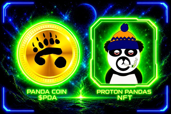 A vibrant neon graphic featuring a gold panda coin labeled 'PANDA COIN $PDA' next to a cartoon panda character smoking a joint labeled 'PROTON PANDAS NFT'.