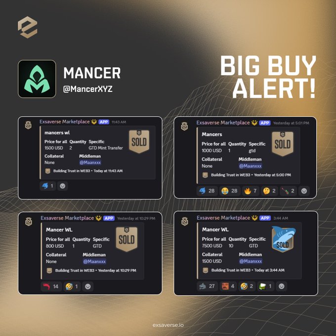 A promotional graphic titled 'BIG BUY ALERT!' showing multiple 'Exsaverse Marketplace' transactions involving the user 'Mancer' buying NFTs.