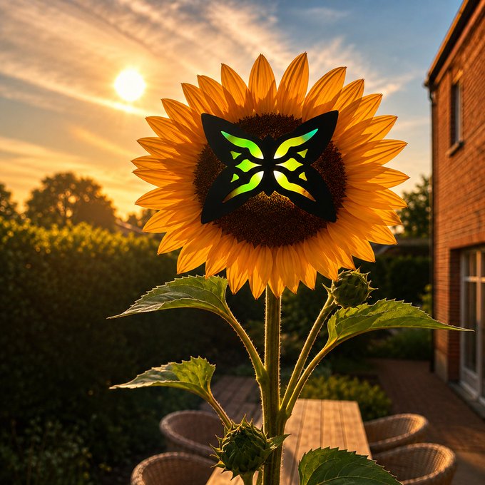 A sunflower at sunset with a glowing green and black butterfly logo (resembling the Axie Infinity or similar gaming token logo) overlaid in its center.