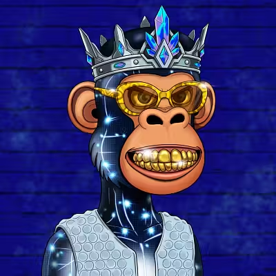 The image features a cartoon monkey wearing a crown and sunglasses with gold accents, standing against a blue background. The monkey appears to be smiling, possibly posing for a photo or video. The caption below the image provides information about an ongoing event on the Discord server, which is related to the monkey's presence in the scene.