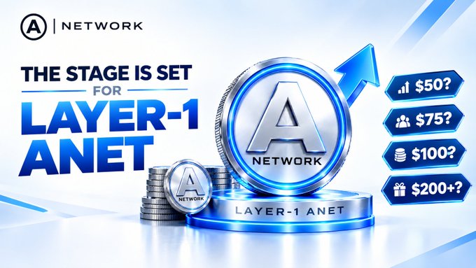 A cryptocurrency promotional graphic for 'A NETWORK' with the headline 'THE STAGE IS SET FOR LAYER-1 ANET' featuring a large silver coin with the A logo, stacked coins, and price predictions of $50?, $75?, $100?, and $200+.