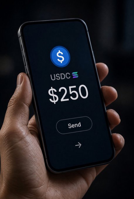 A hand holds a smartphone displaying a digital wallet screen showing the USDC logo, a balance of $250, and a "Send" button. The image visually represents the post's announcement of Samsung integrating Solana-powered USDC transfers directly into Samsung Wallet, allowing Galaxy users to send cross-border remittances seamlessly from their phones.