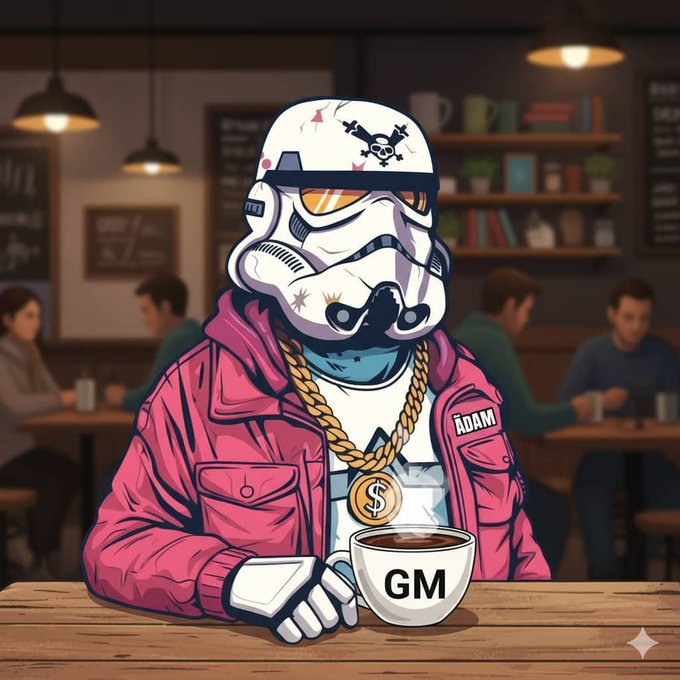 An illustration of a Stormtrooper wearing a pink jacket, gold chain with dollar sign medallion, sitting in a coffee shop with a mug labeled 'GM'.