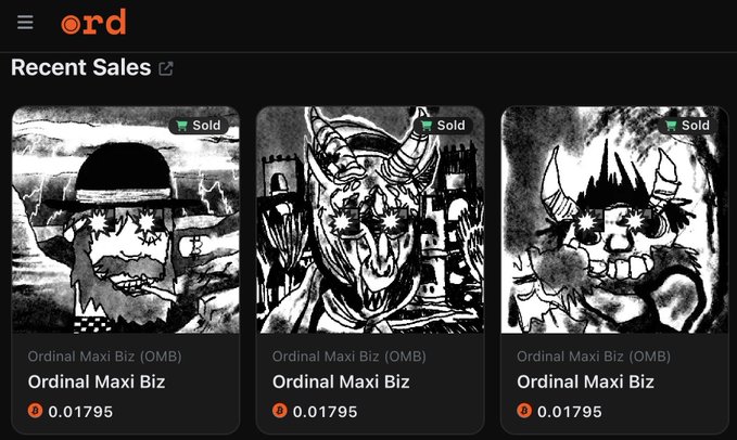 A dark-themed marketplace interface showing 'Recent Sales' for 'Ordinal Maxi Biz (OMB)' NFTs, all marked 'Sold' at 0.01795 Bitcoin.