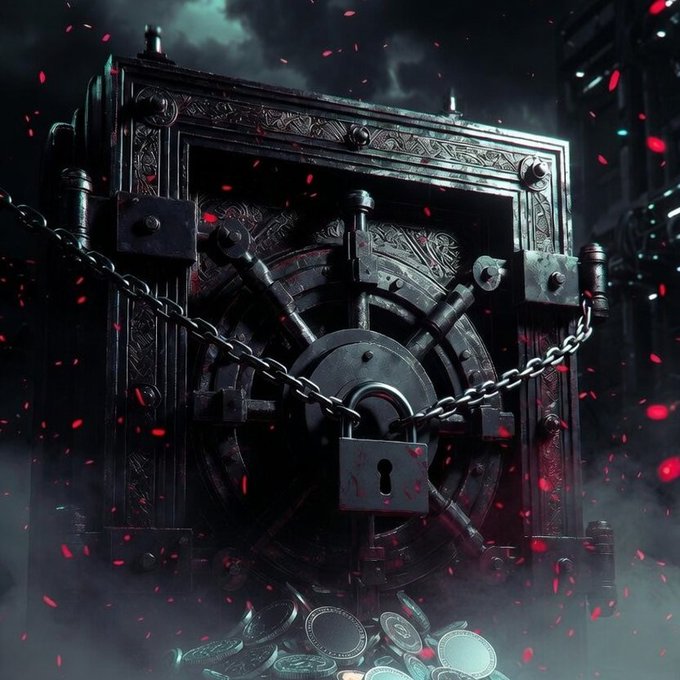 The image features a large metal safe with a chain around its neck, surrounded by scattered coins. The scene appears to be set against a dark background, possibly a stormy night or a foggy cityscape. The text "One of the strongest signals of conviction in crypto is locking supply" suggests that the safe and its contents are important to the person who created it. The phrase "We're listening to you, how much should we lock in?" implies that there might be an ongoing discussion about the safe's security or value, possibly related to a recent transaction or investment.
