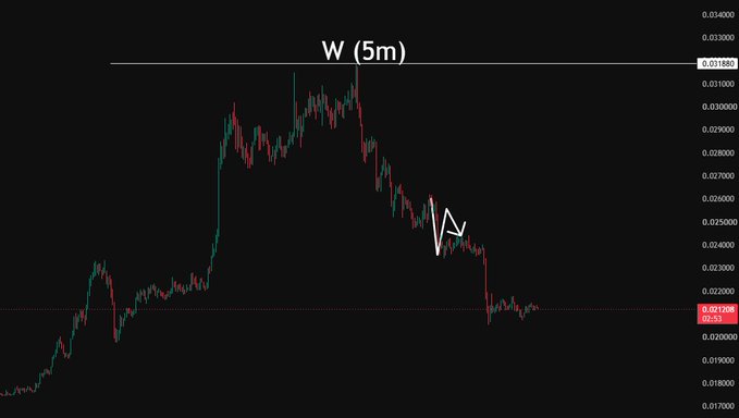 A cryptocurrency price chart for 'W' on a 5-minute timeframe, showing a price peak around 0.0330 followed by a sharp decline.
