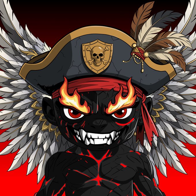 A fierce, cartoon-style illustration depicts a black-skinned pirate character with flaming red eyes, sharp teeth, and angel-like wings, wearing a skull-and-crossbones tricorn hat.
