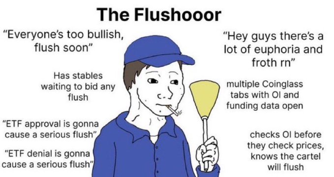 The image is a Wojak-style meme titled "The Flushor" depicting a sad-faced character holding a plunger, surrounded by humorous captions mocking crypto traders who predict market "flushes" (sharp selloffs), including phrases like "Everyone's too bullish, flush soon," "ETF approval is gonna cause a serious flush," and "Hey guys there's a lot of euphoria and froth rn." The meme relates to the accompanying post about a "nasty retrace" and "bull trapped again" by satirizing how traders often call for or anticipate flushes that lead to painful reversals for those positioned long.