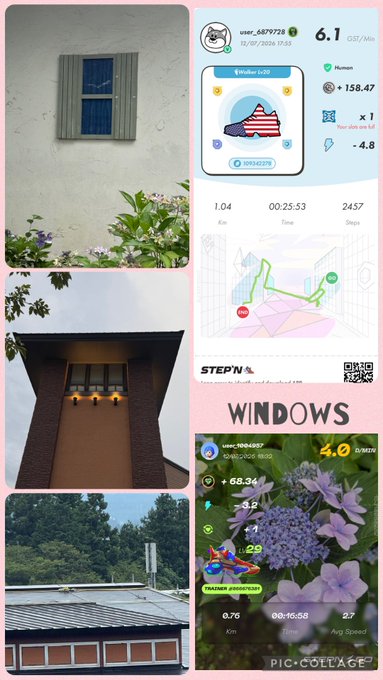 PicCollage image labeled "WINDOWS" showing photos of architectural windows and a building exterior alongside fitness app screenshots, including STEPN stats (1.04 Km, 00:25:53, 2457 Steps) and another run showing 0.76 Km, 00:16:58, 2.7 Avg Speed, with 4.0 Energy and +68.34 GGT visible.