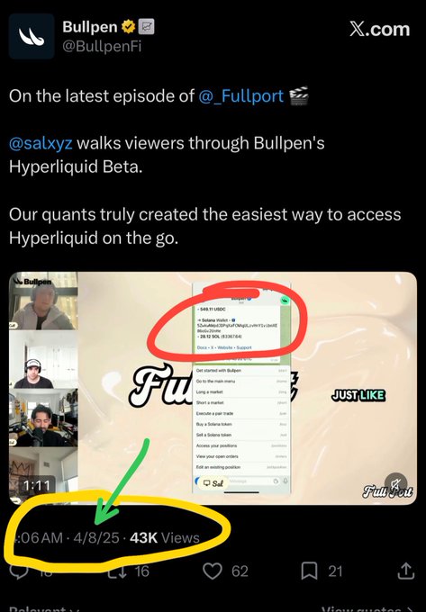 A X post from @BullpenFi promoting their appearance on @_Fullport, where @salxyz walks viewers through Bullpen's Hyperliquid Beta, with annotations highlighting 'Gas: 0 USDC, Balance: 0.00, Liquidation: HYPELIQUID, USDC, LIMIT, 10000, and '4:06 AM · 4/8/25 · 43K Views'.