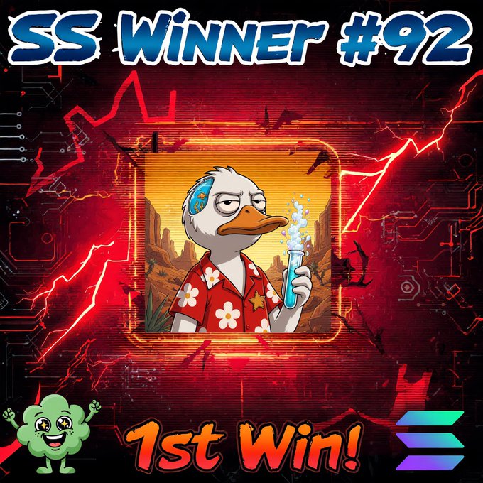 A cartoon duck in a Hawaiian shirt holds a bubbling beaker inside a digital frame, with "SS WINNER #92" at the top and "1st Win!" displayed at the bottom to celebrate @israelitess_'s victory in Day 92's Smurf Spotlight V2 contest.
